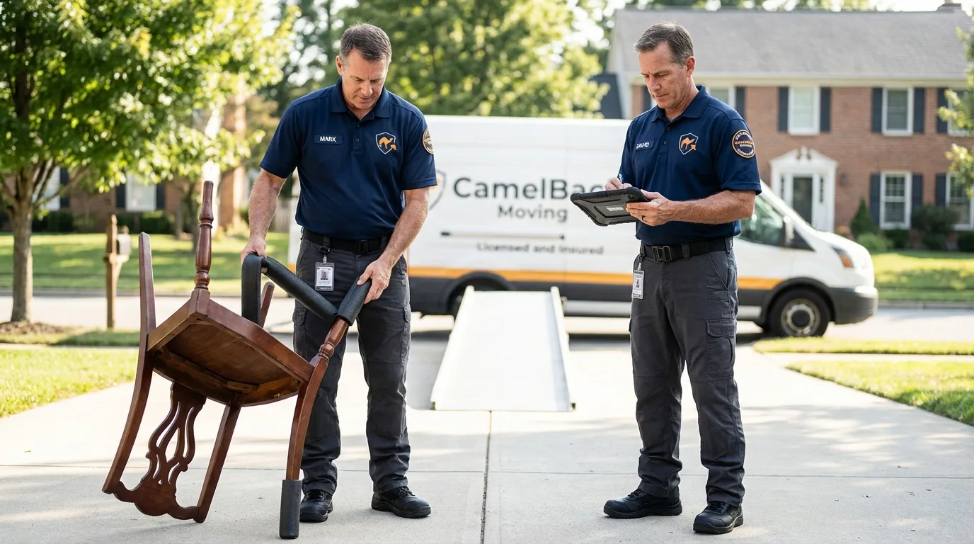 Movers inspecting furniture for damage prevention before loading in Junction, UT